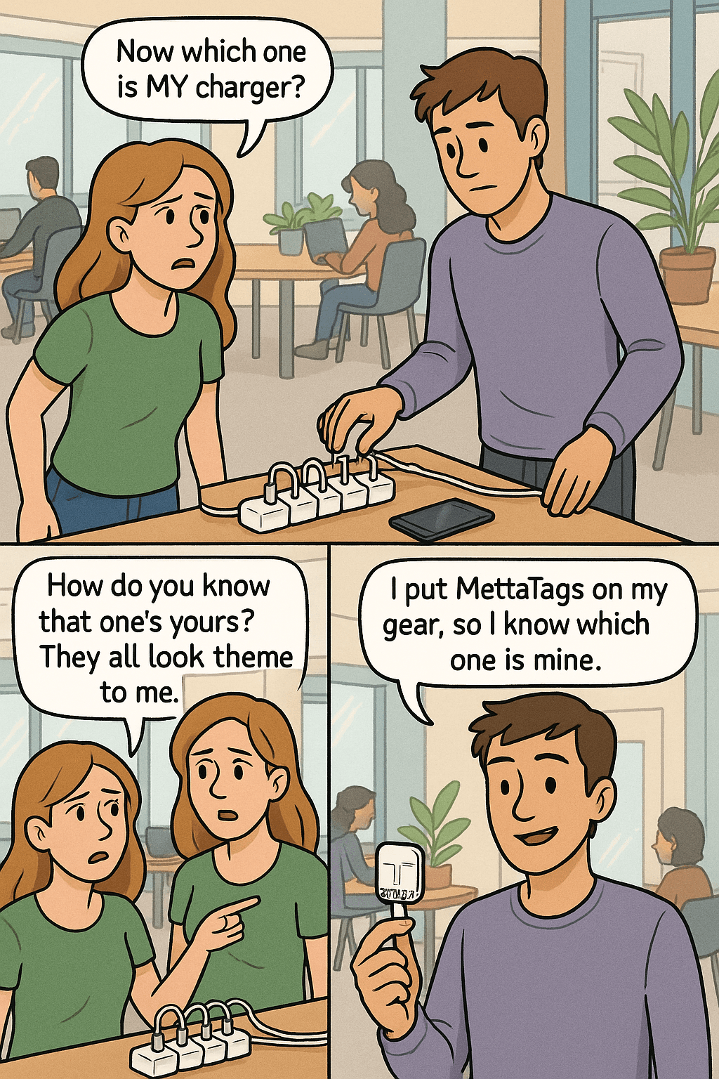 Using MettaTags to identify chargers in shared coworking space
